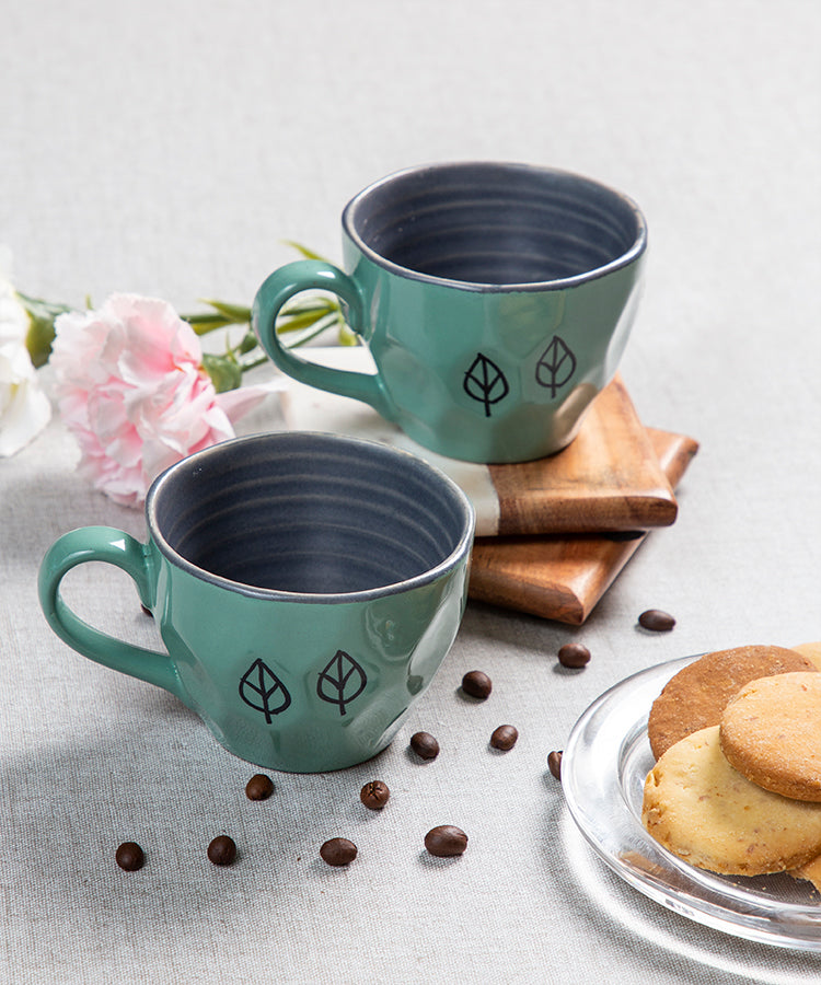 Studio Pottery Mint Green and Grey Dual Colour Glazed and Textured Contemporary Style Handpainted Leaves Motif Ceramic Mugs -Set of 2 (250 ML Microwave and Dishwasher Safe)