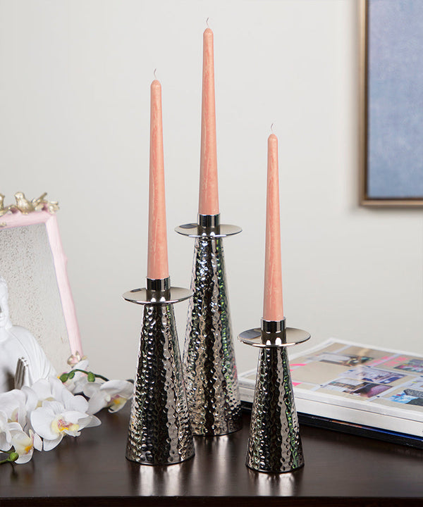Silver Hand Hammered Conical Candle Holders
