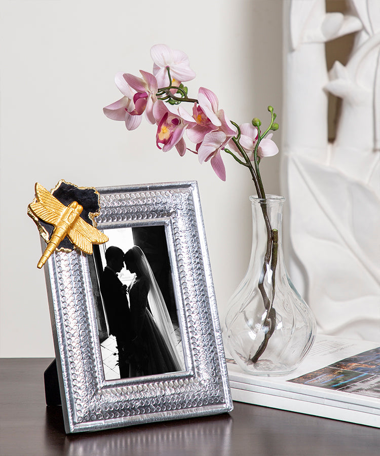 Ornate Silver Photoframe with Black-Grey Agate Stone and Gold Dragonfly Embellishment On Top