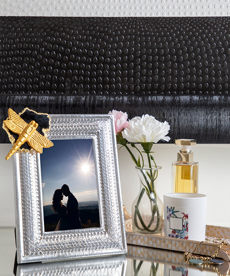 Ornate Silver Photoframe with Black-Grey Agate Stone and Gold Dragonfly Embellishment On Top