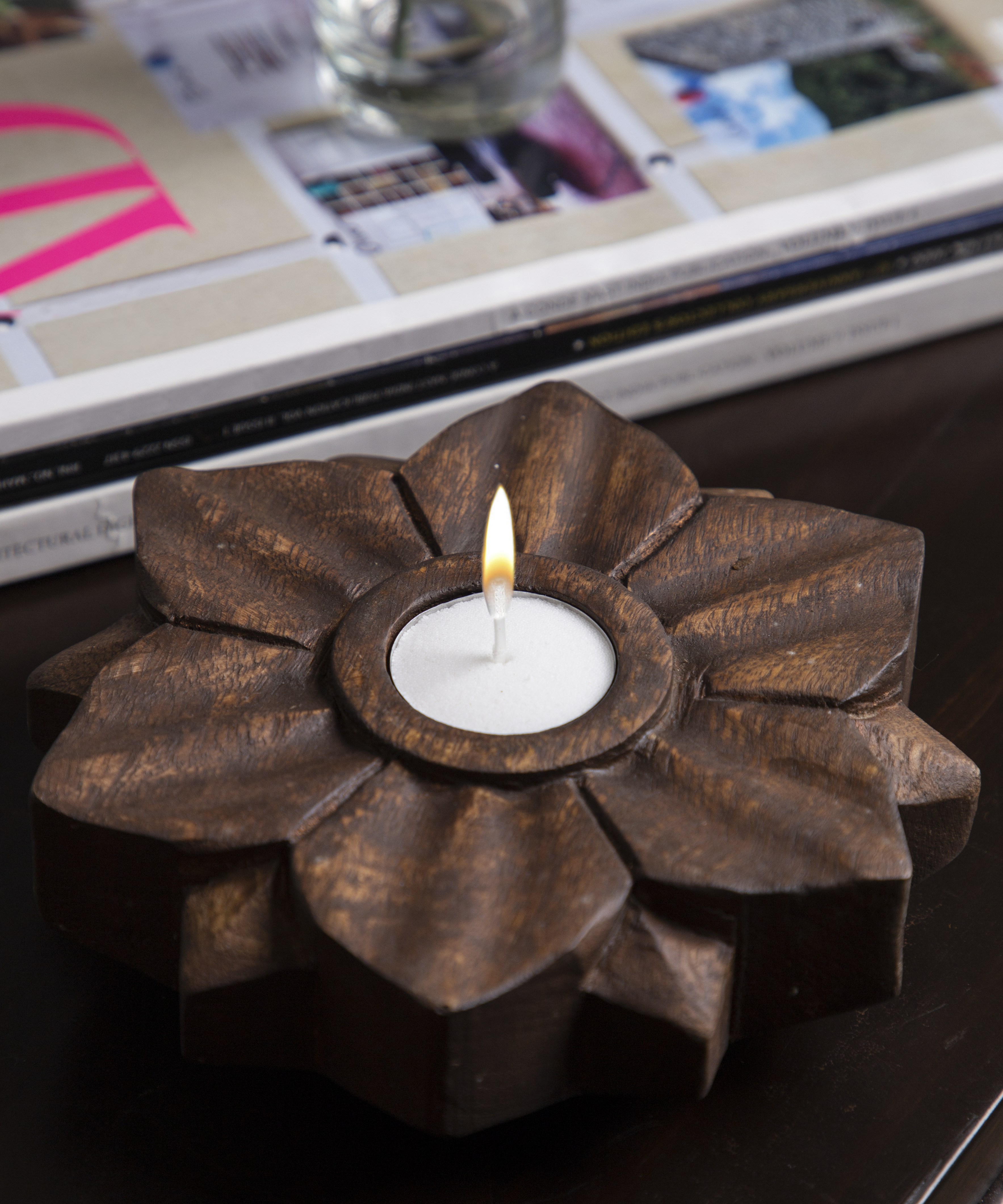 Wooden Flower Tealight Candle Holder