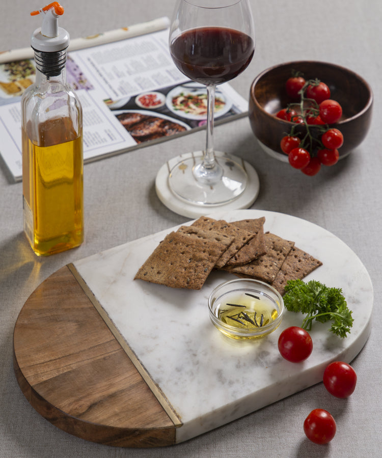 Wood And Marble Oval Platter With Brass