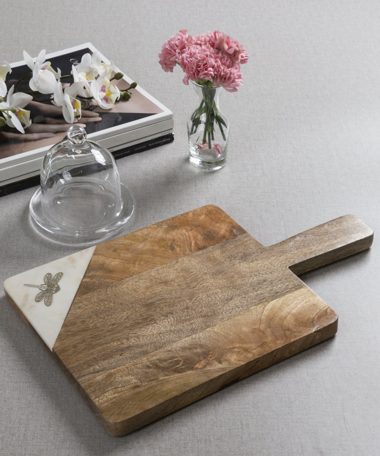 Wood And Marble Rectangle Platter with Dragonfly Motif