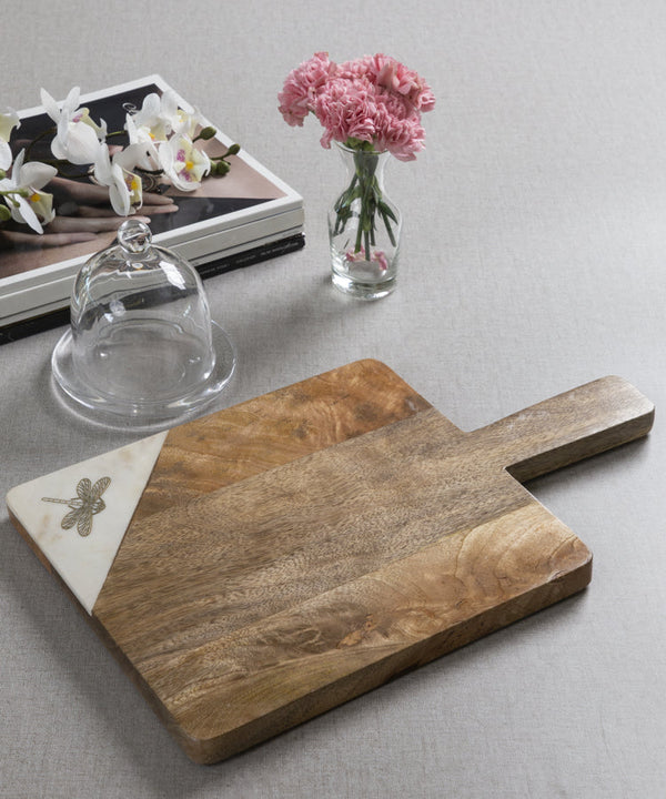 Wood And Marble Rectangle Platter with Dragonfly Motif