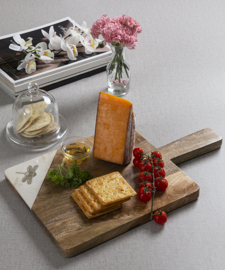 Wood And Marble Rectangle Platter with Dragonfly Motif