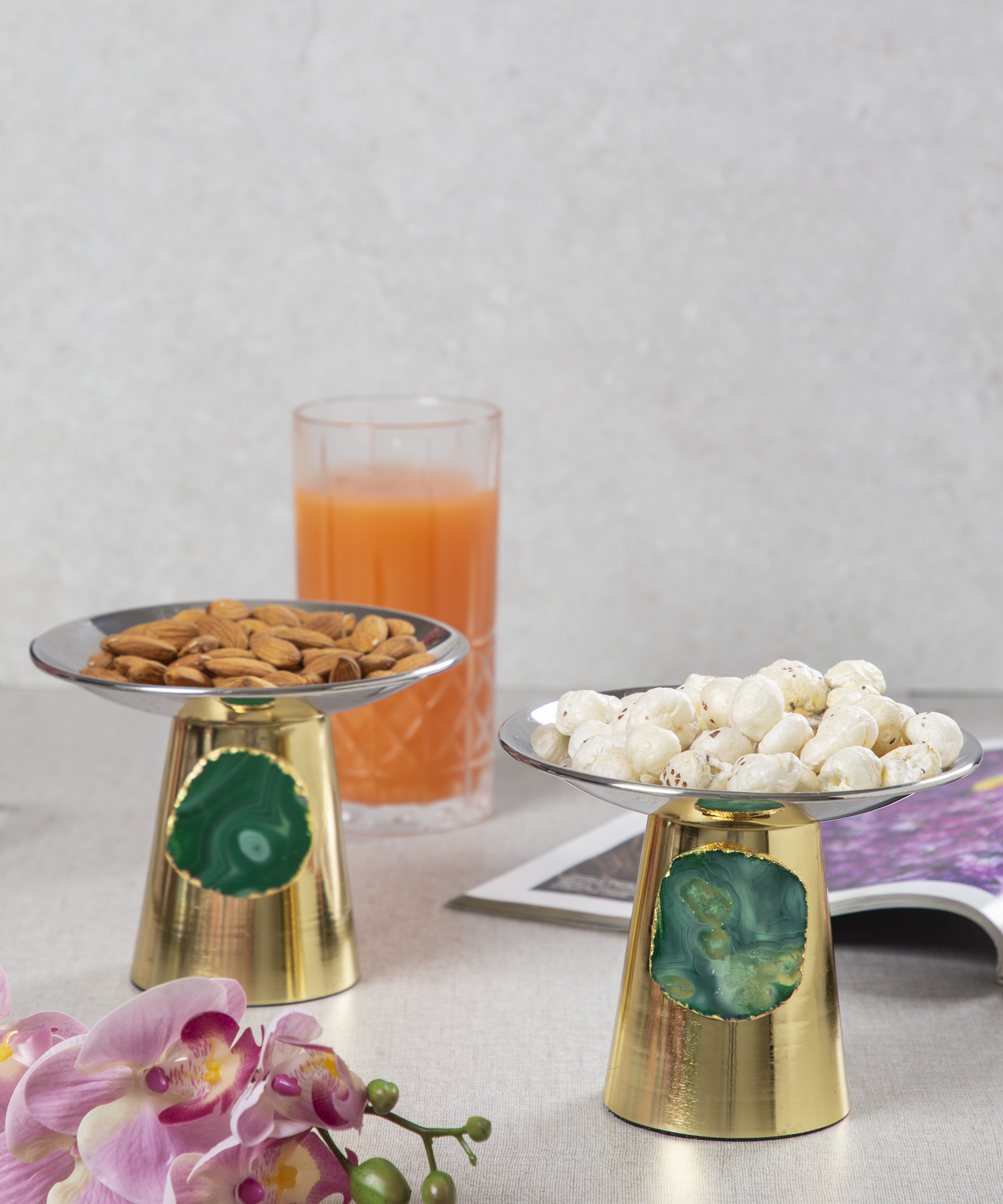 Stainless Steel Platters /Bowls With Green Agate Stone-Set of 2