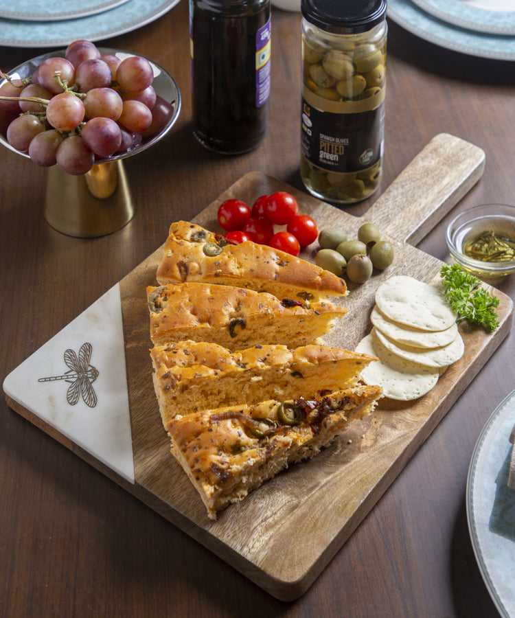 Wood And Marble Rectangle Platter with Dragonfly Motif