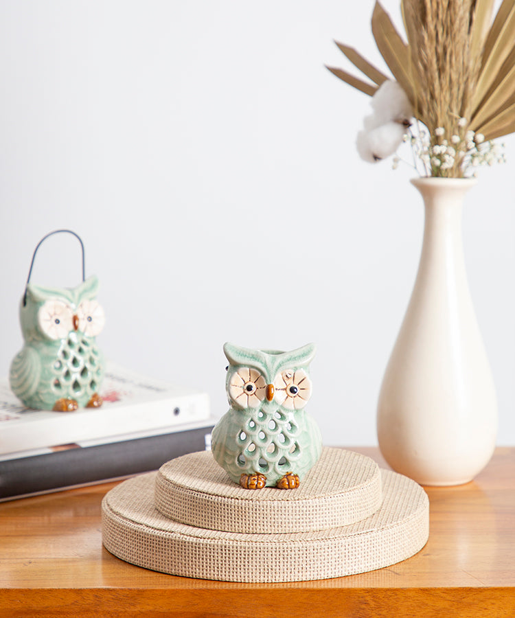 Glazed Ceramic Evil Eye Owl Tea light Candle Holder
