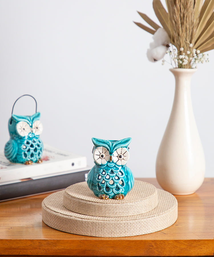 Glazed Ceramic Evil Eye Owl Tea light Candle Holder