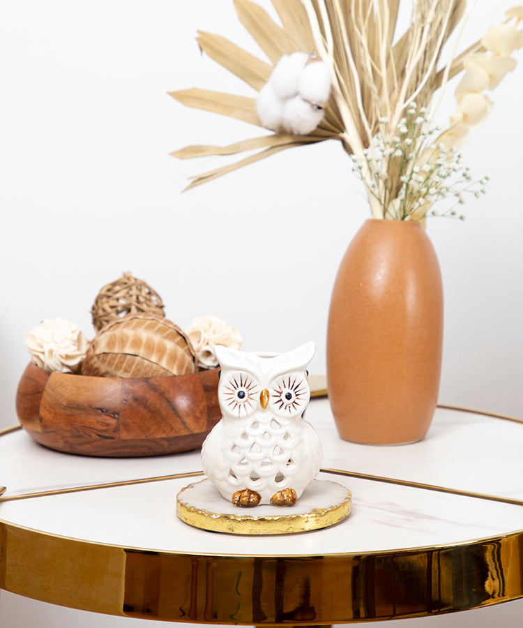Glazed Ceramic Evil Eye Owl Tea light Candle Holder