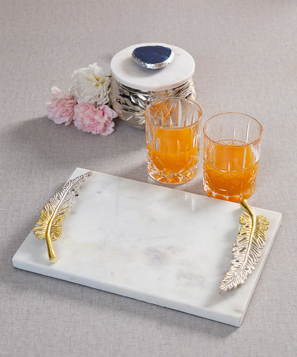 Leaf Handle Gold Silver Decorative Tray on White Marble