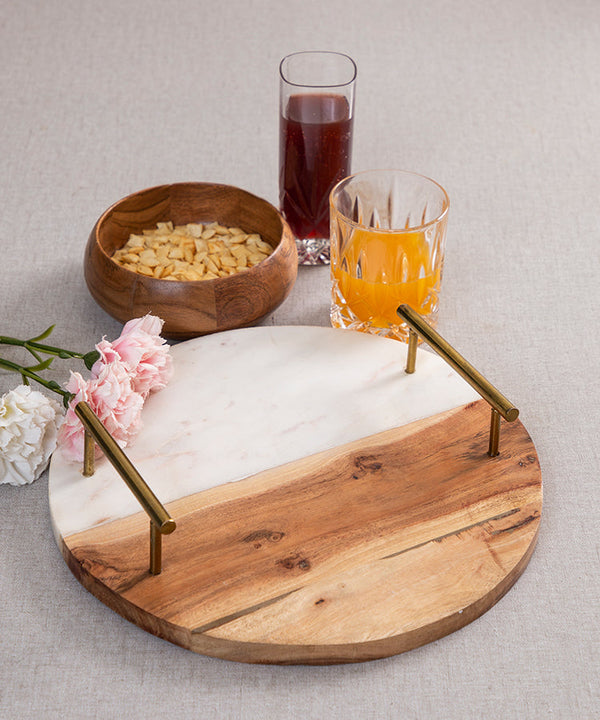 Half Wood Half White Marble Fusion Tray With Gold Finish Handles