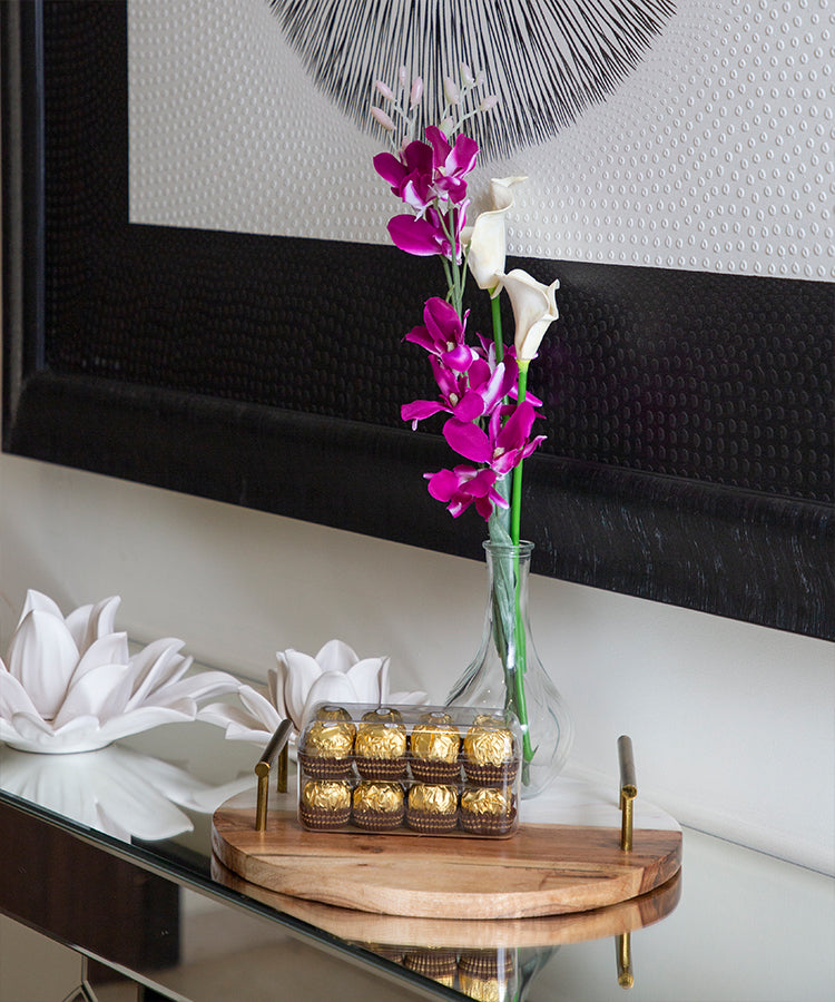 Half Wood Half White Marble Fusion Tray With Gold Finish Handles