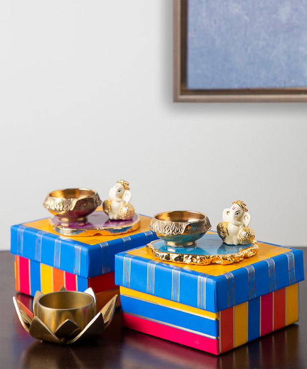 Ganesha with Diya on Semi Precious Agate Stone Base