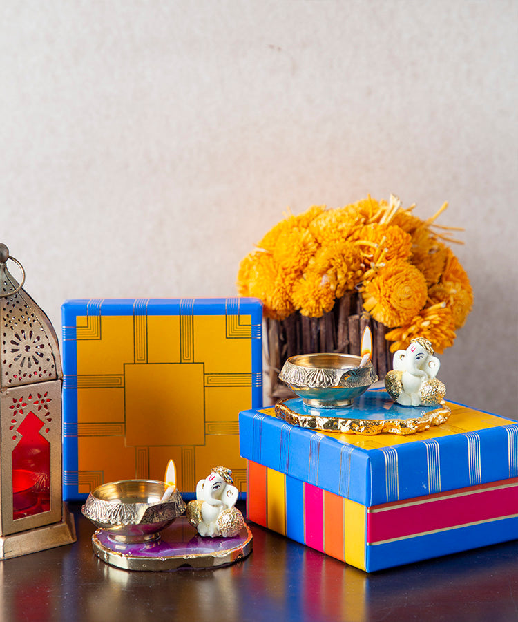 Ganesha with Diya on Semi Precious Agate Stone Base