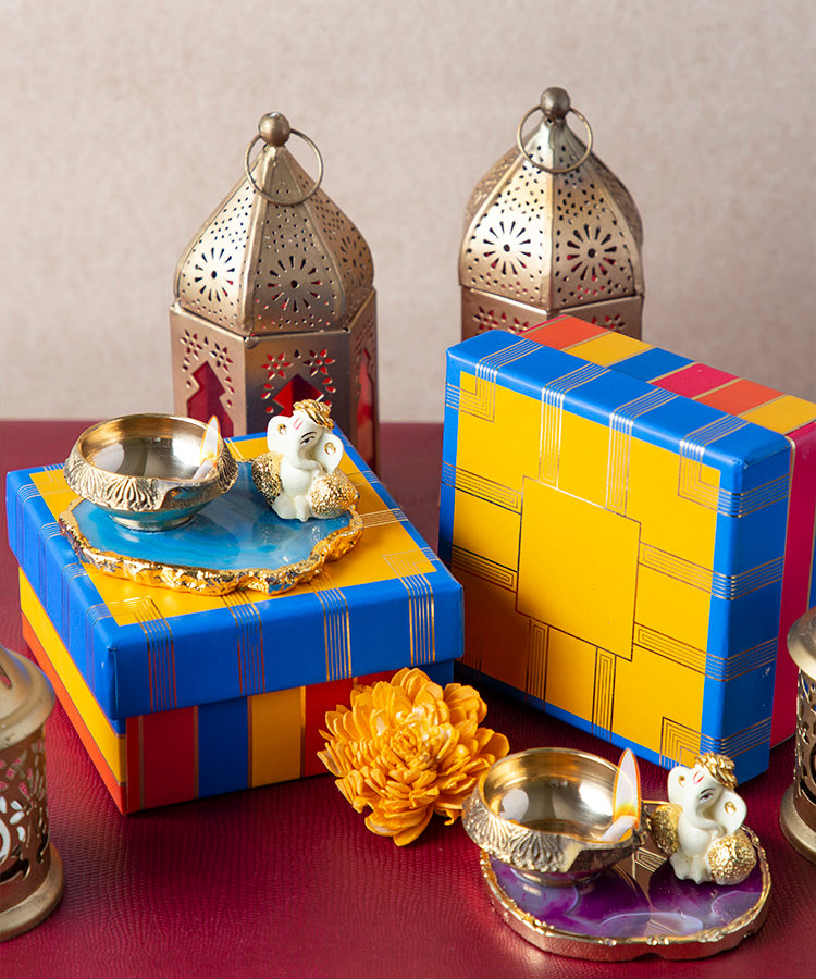 Ganesha with Diya on Semi Precious Agate Stone Base