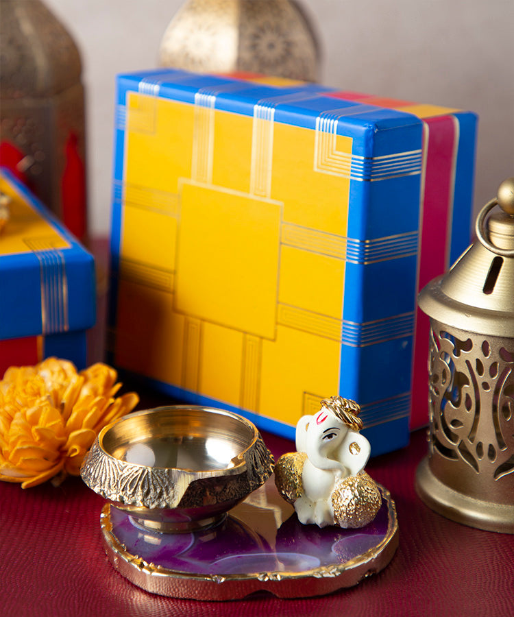 Ganesha with Diya on Semi Precious Agate Stone Base