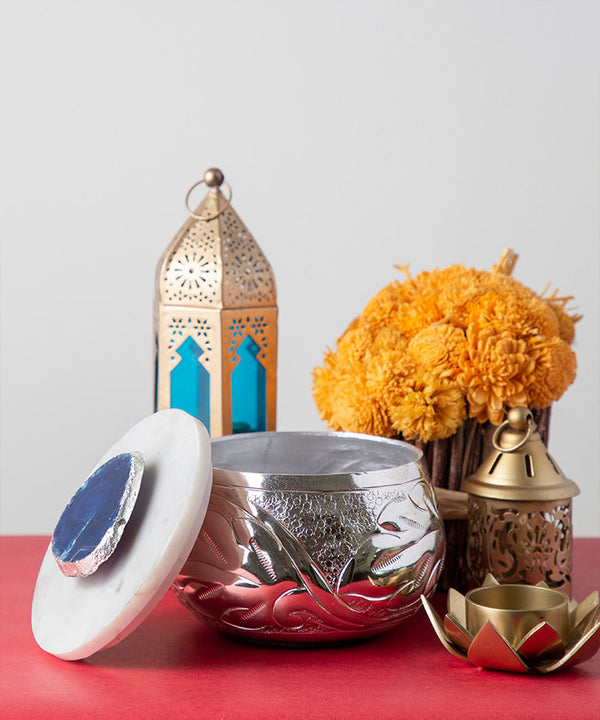 Etched Large Jar in Silver Finish With Marble Lid and Blue Agate Stone Embellishment