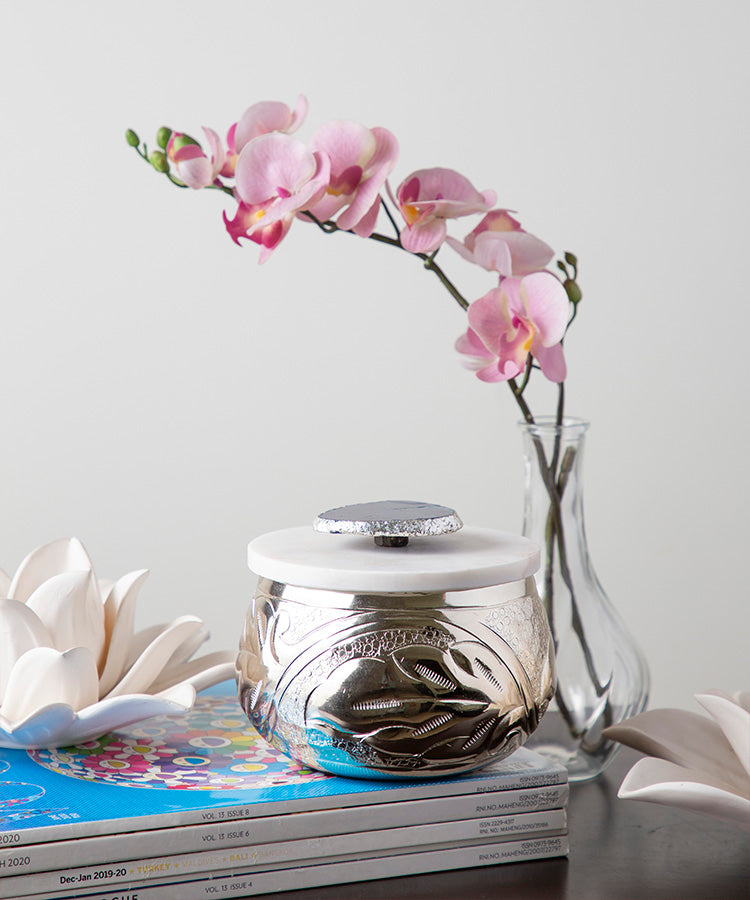 Etched Large Jar in Silver Finish With Marble Lid and Blue Agate Stone Embellishment