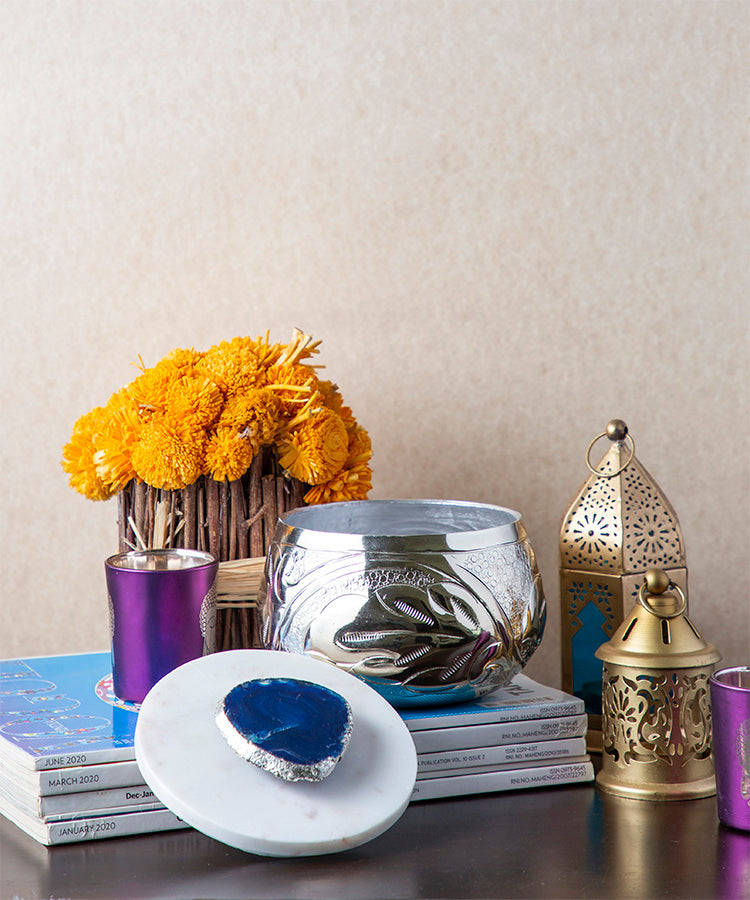 Etched Large Jar in Silver Finish With Marble Lid and Blue Agate Stone Embellishment