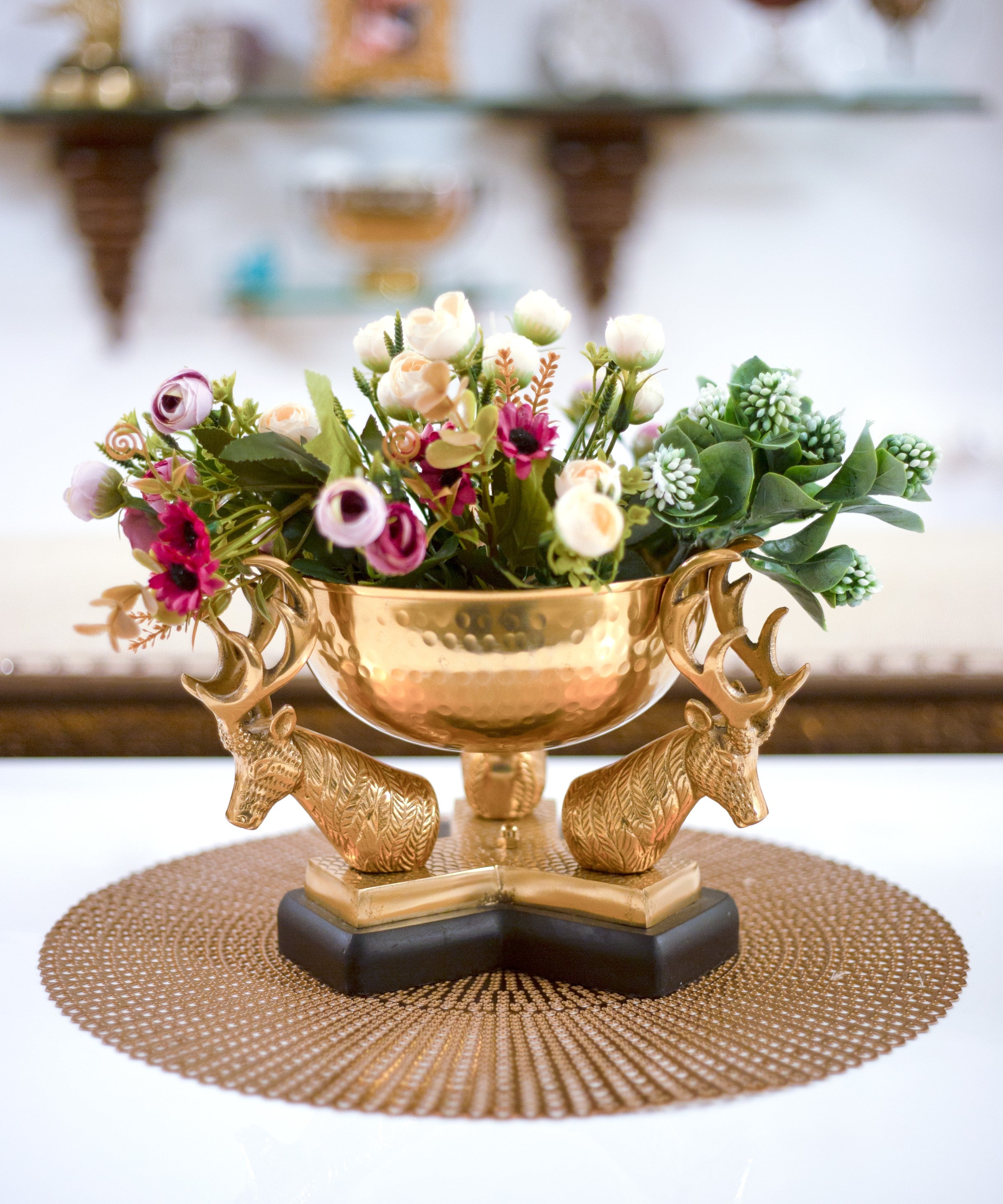 Brass Bowl On Deer Horns