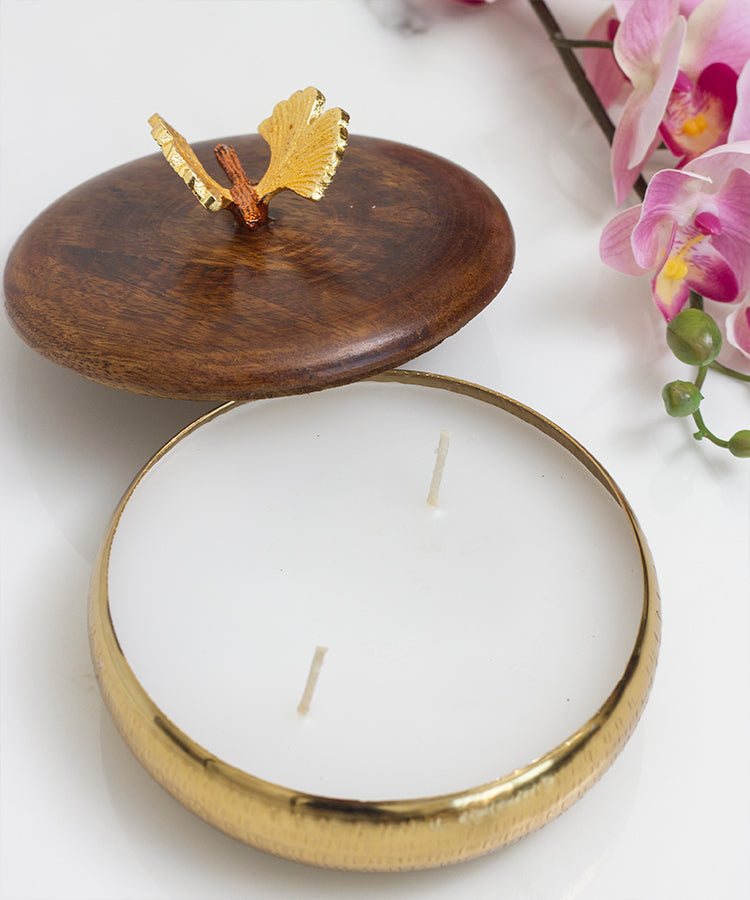 Candle Holder Jar With Scented Wax Medium Gold with Butterfly Embellishment on Wooden Lid