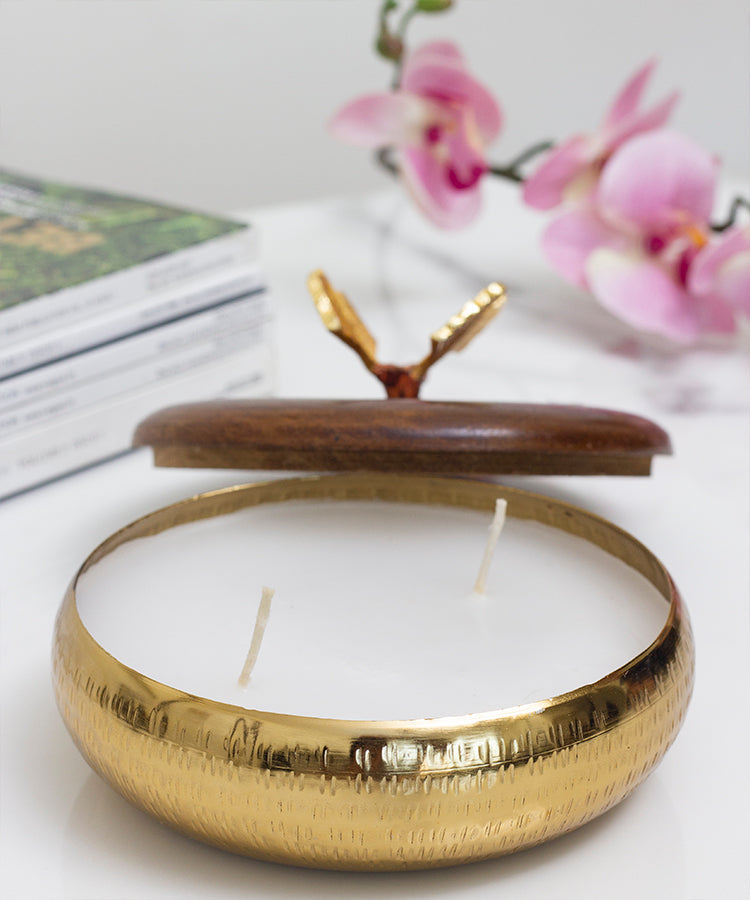 Candle Holder Jar With Scented Wax Medium Gold with Butterfly Embellishment on Wooden Lid