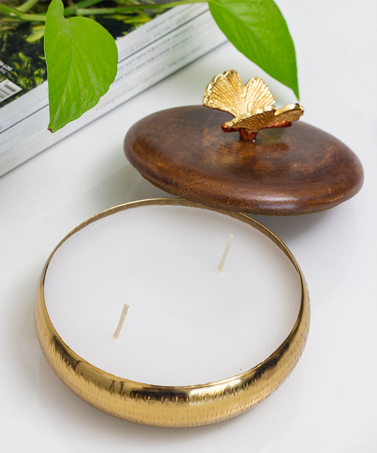Candle Holder Jar With Scented Wax Medium Gold with Butterfly Embellishment on Wooden Lid