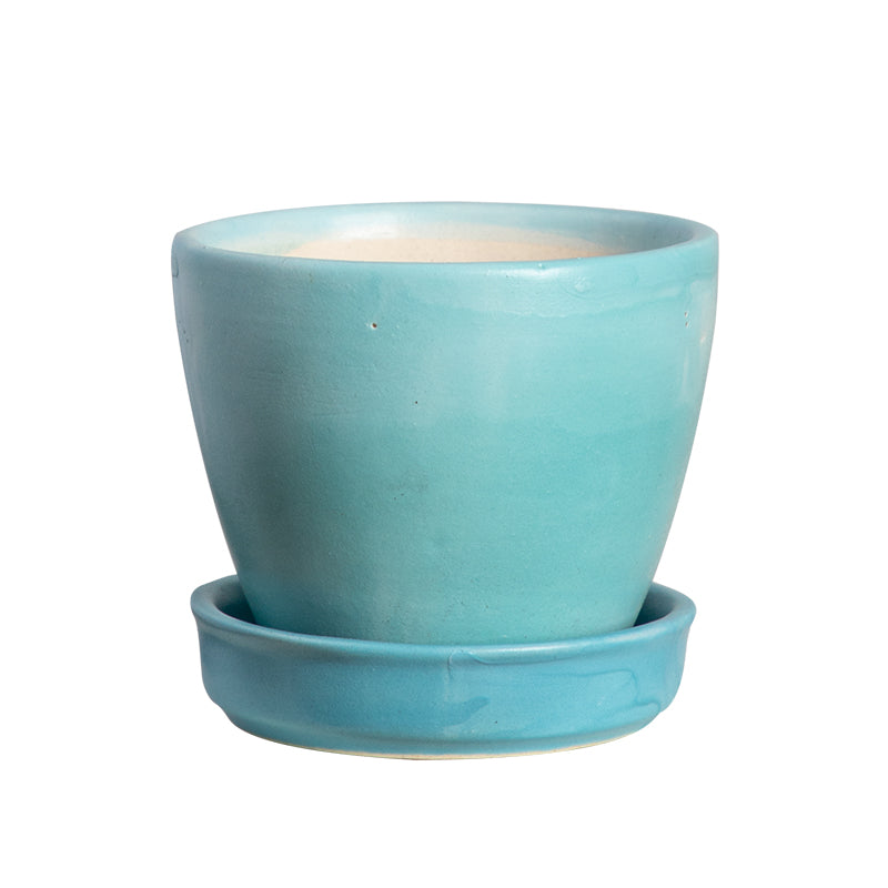 Light Turquoise and Sky Blue Shaded Glazed Ceramic Planter with Plate