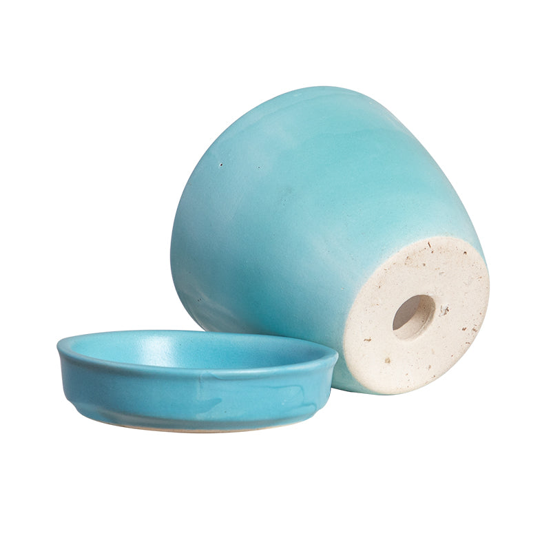 Light Turquoise and Sky Blue Shaded Glazed Ceramic Planter with Plate
