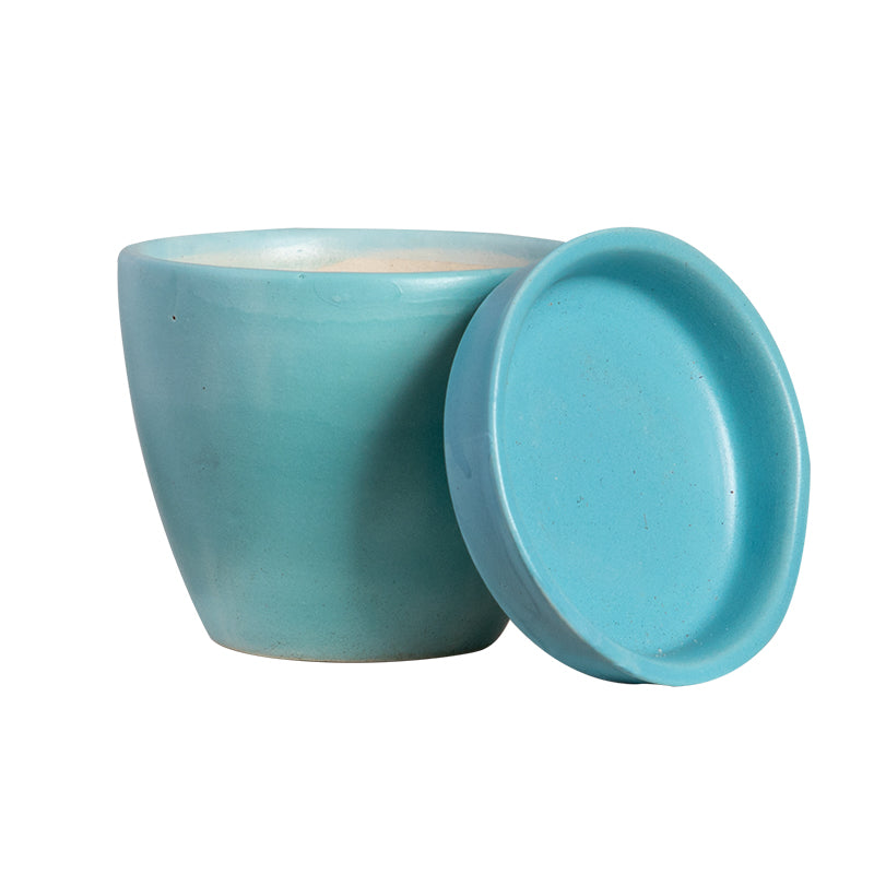 Light Turquoise and Sky Blue Shaded Glazed Ceramic Planter with Plate