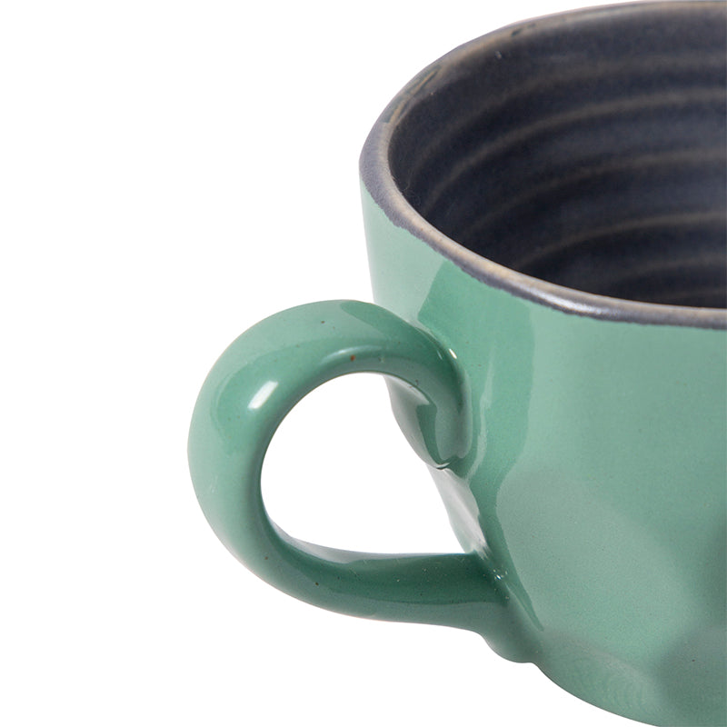 Studio Pottery Mint Green and Grey Dual Colour Glazed and Textured Contemporary Style Handpainted Leaves Motif Ceramic Mugs -Set of 2 (250 ML Microwave and Dishwasher Safe)