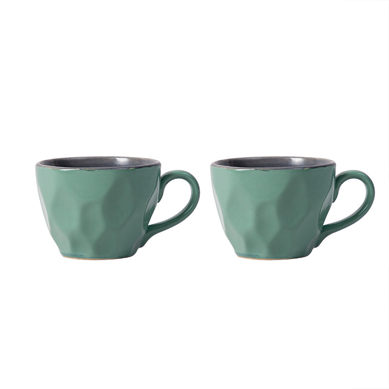 Studio Pottery Mint Green and Grey Dual Colour Glazed and Textured Contemporary Style Handpainted Leaves Motif Ceramic Mugs -Set of 2 (250 ML Microwave and Dishwasher Safe)