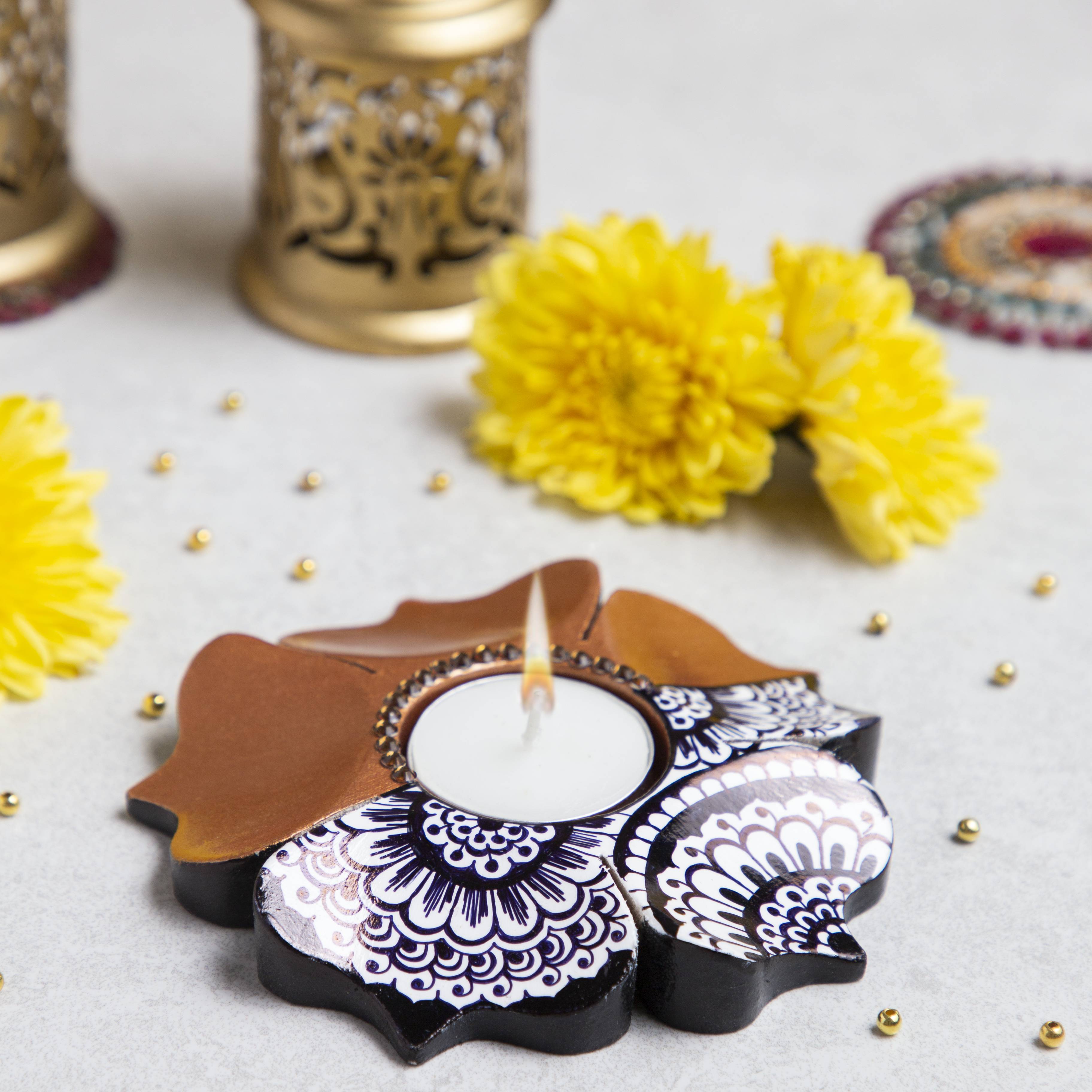 Wooden Lotus Mandala Hand Painted and Gold Petals Candle Holder