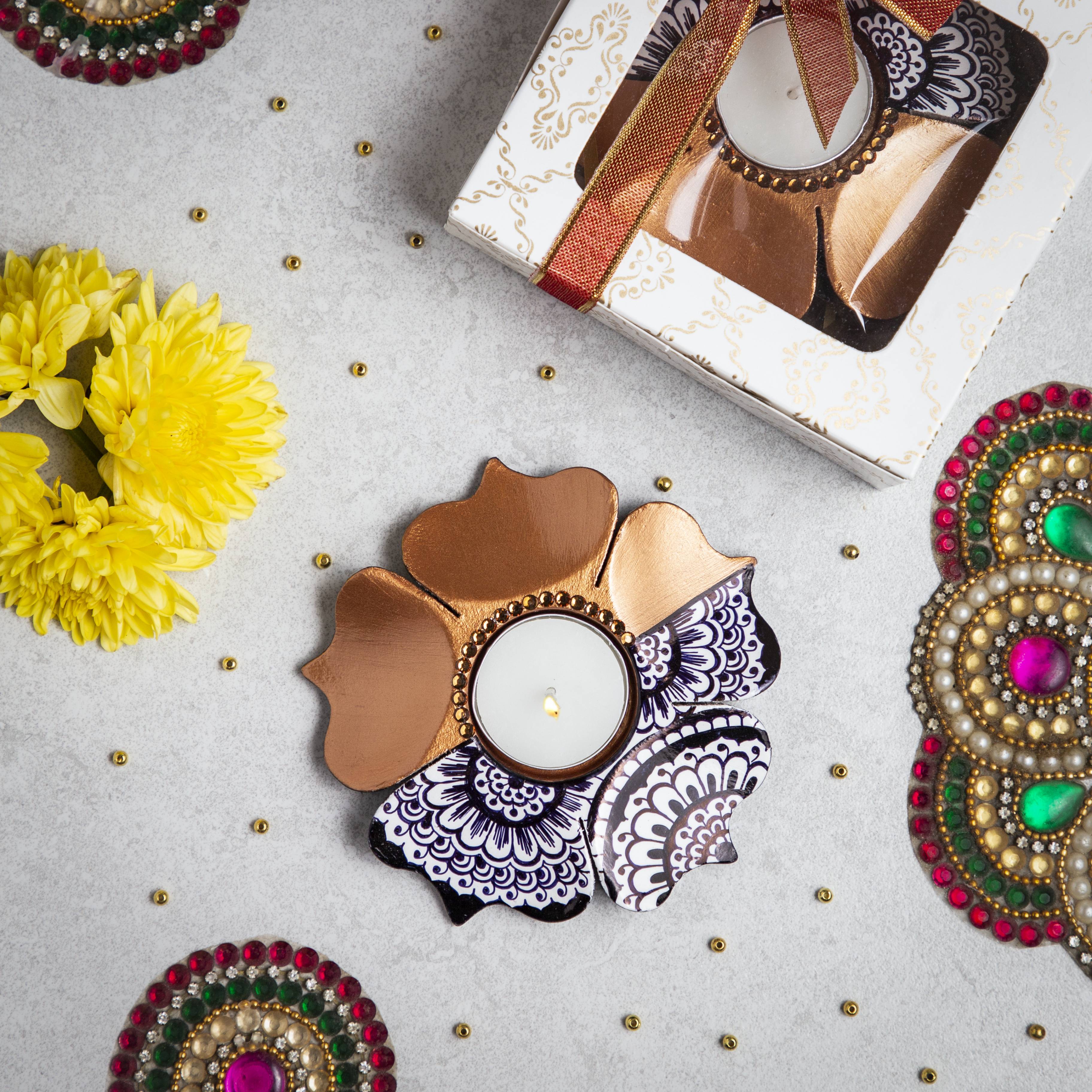 Wooden Lotus Mandala Hand Painted and Gold Petals Candle Holder