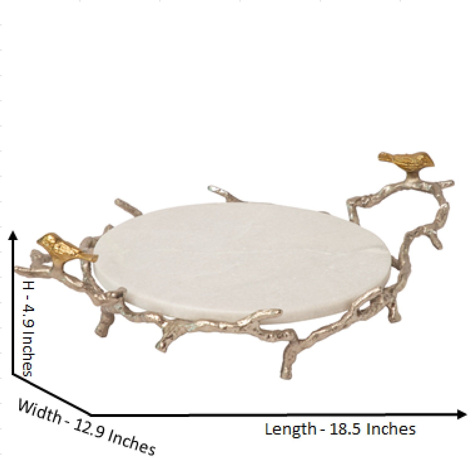 White Marble Platter On Silver Birds Branch Stand