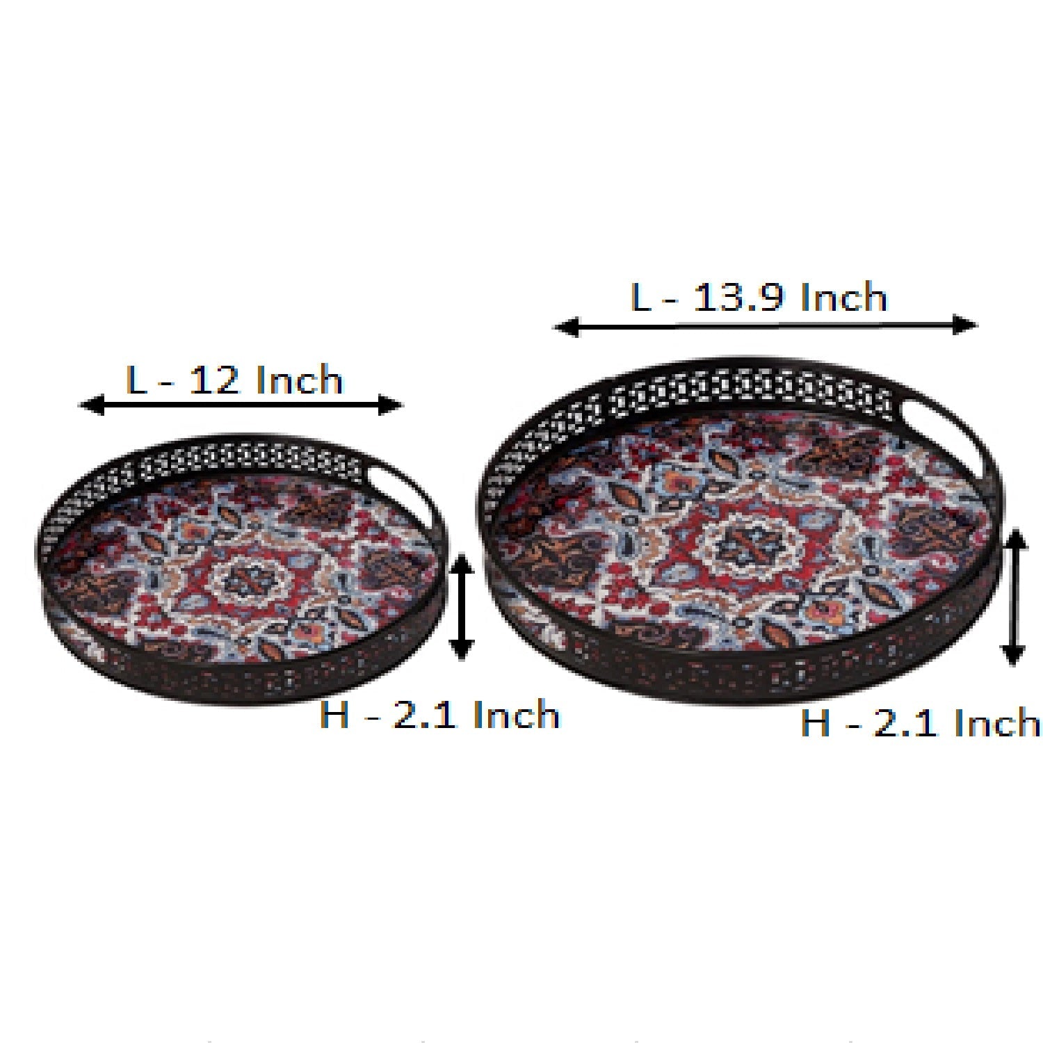 Metal Black Tray With Moroccan Multi-Coloured Design-Set Of 2