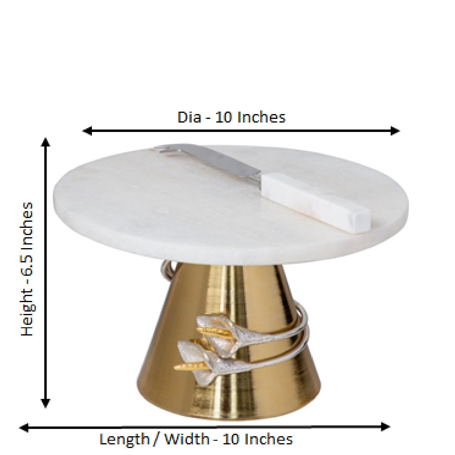 Silver Tulip Spiral Design White Marble With Gold Base Cake Stand And Knife Set