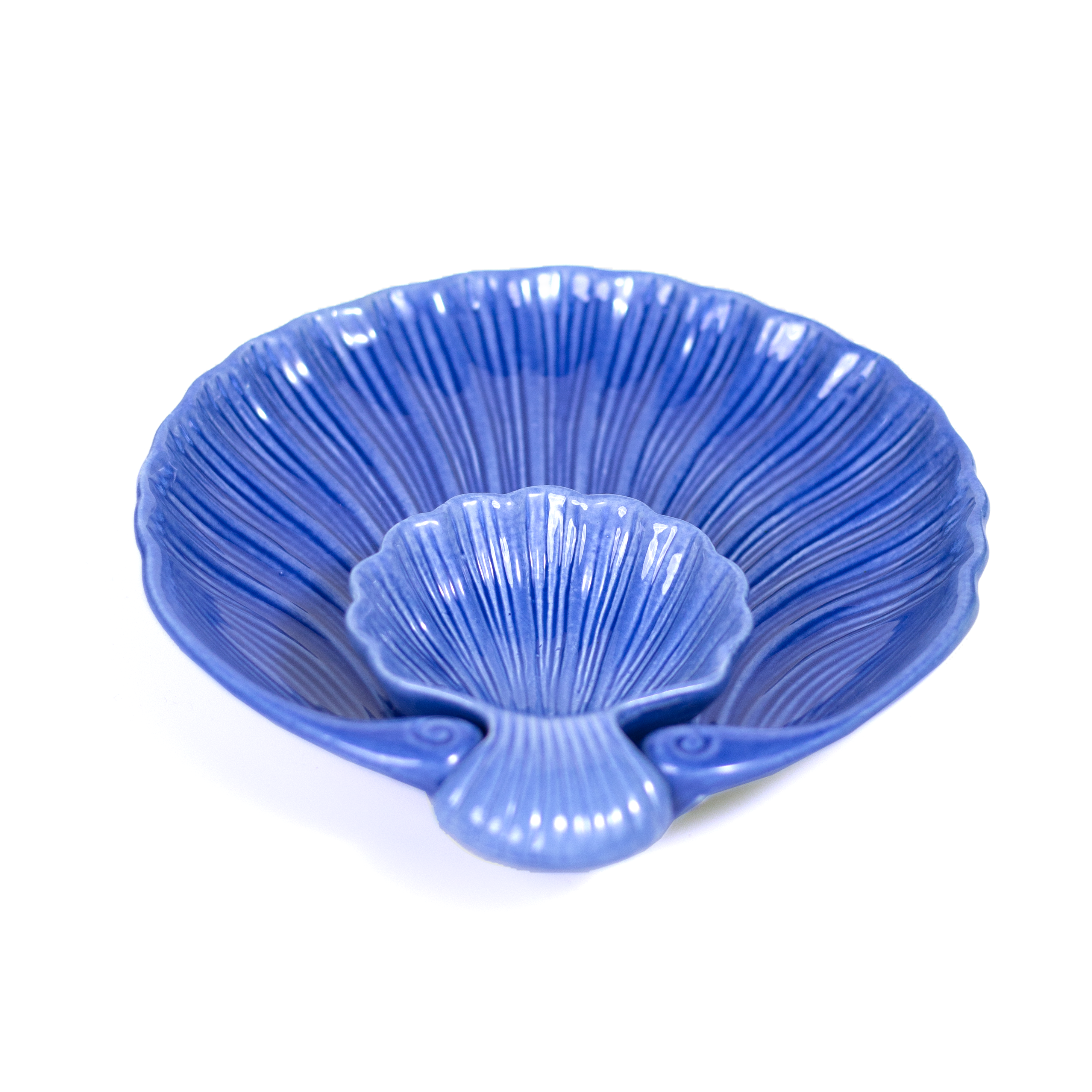 Ceramic Studio Pottery Ocean Blue Hand Glazed Shell Platter with Dip Bowl