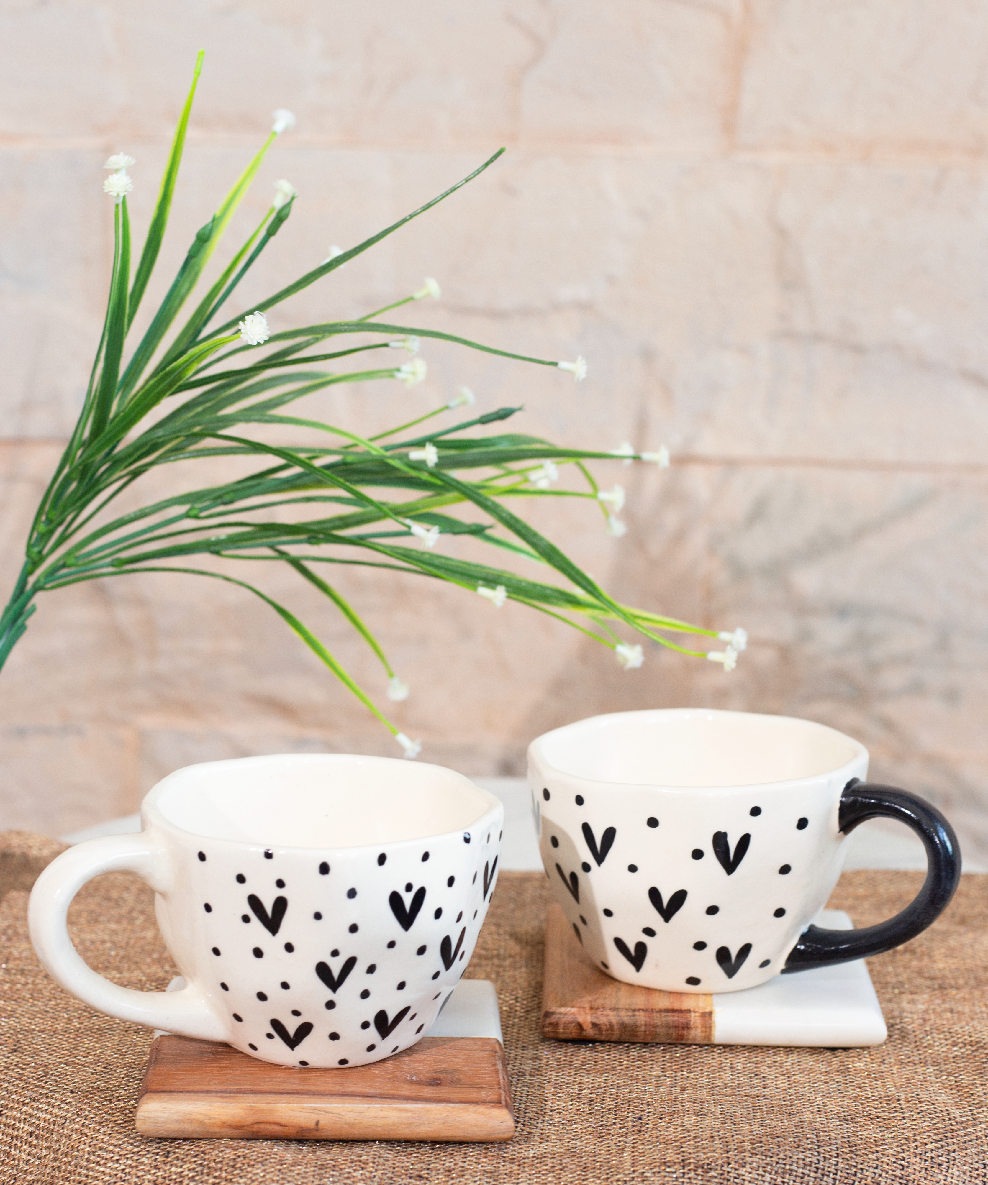Black & White Heart and Dots Ceramic Mugs
