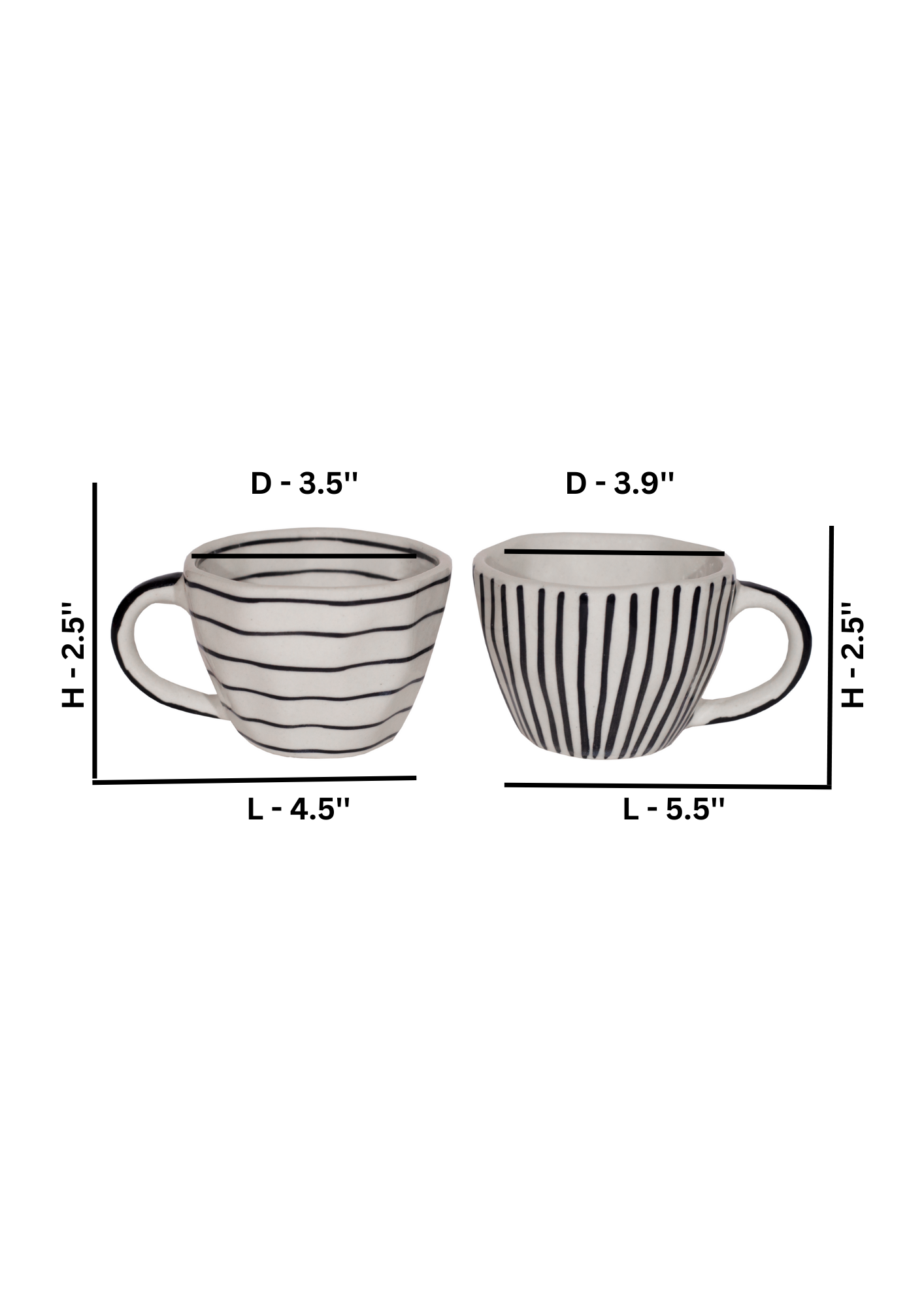 Horizontal and Vertical Black & White Handpainted And Glazed Ceramic Cups - Set of 2 Cups