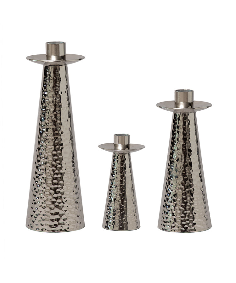 Silver Hand Hammered Conical Candle Holders