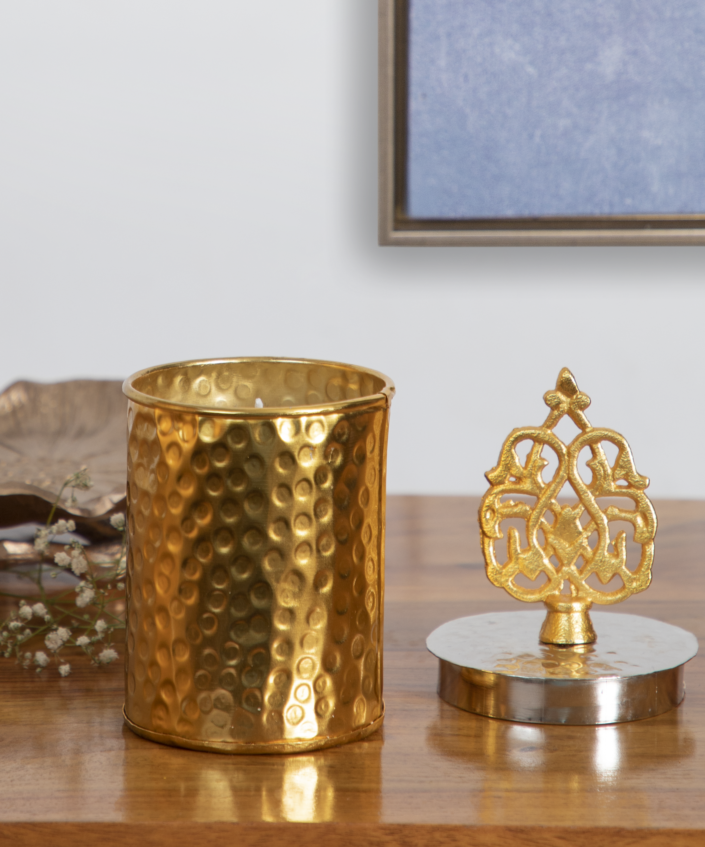 Candle Holder Jar with Crown in Gold and Silver Hammered Finish.
