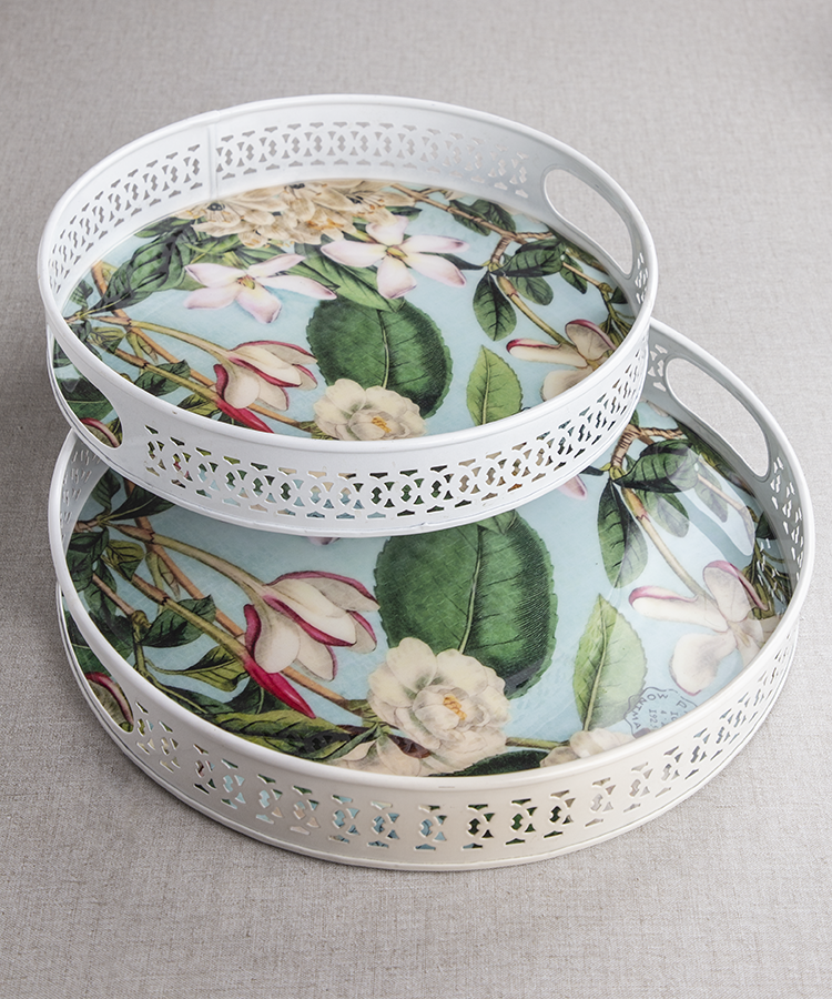 Tropical Floral White Metal Trays - Set Of 2