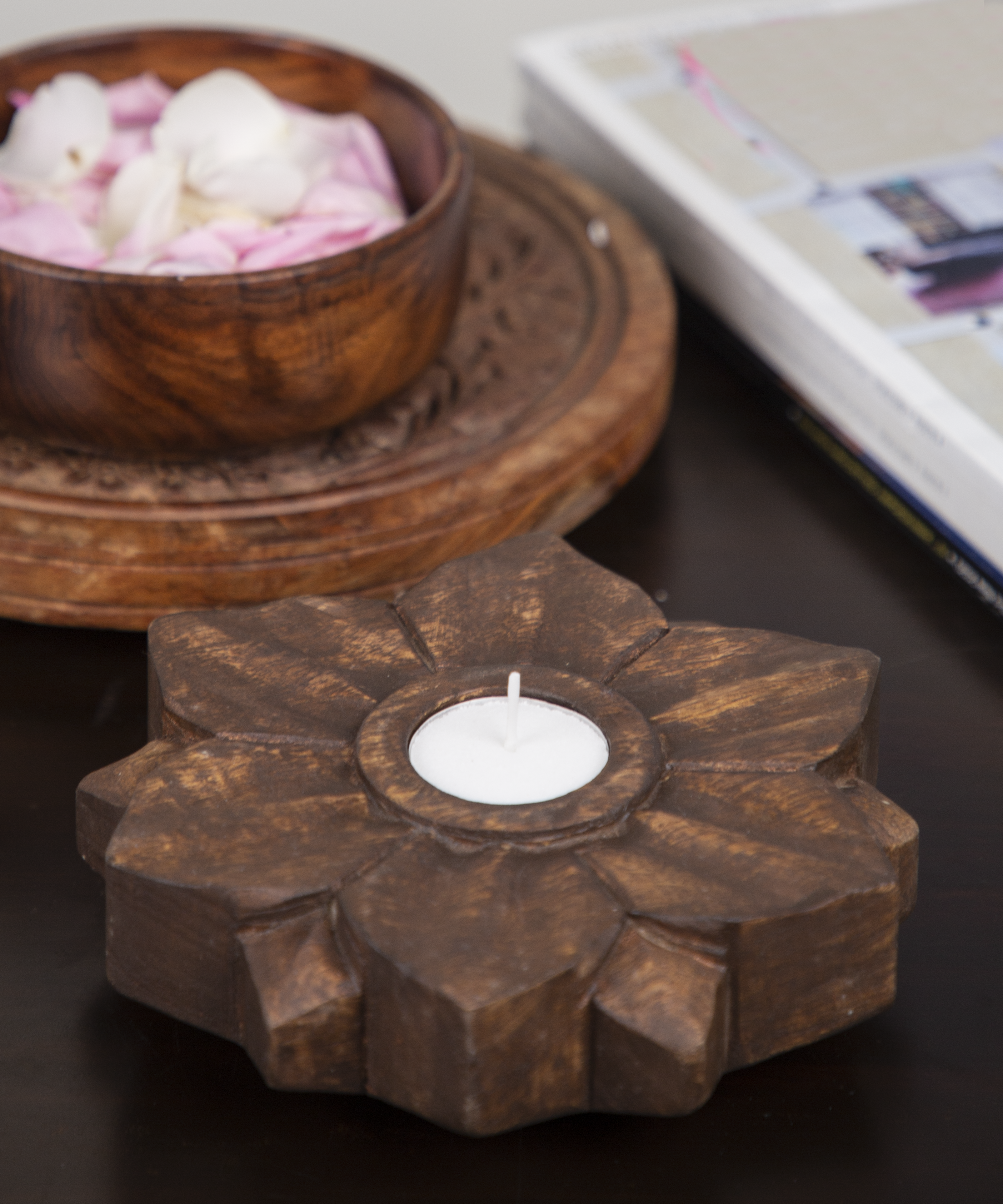 Wooden Flower Tealight Candle Holder
