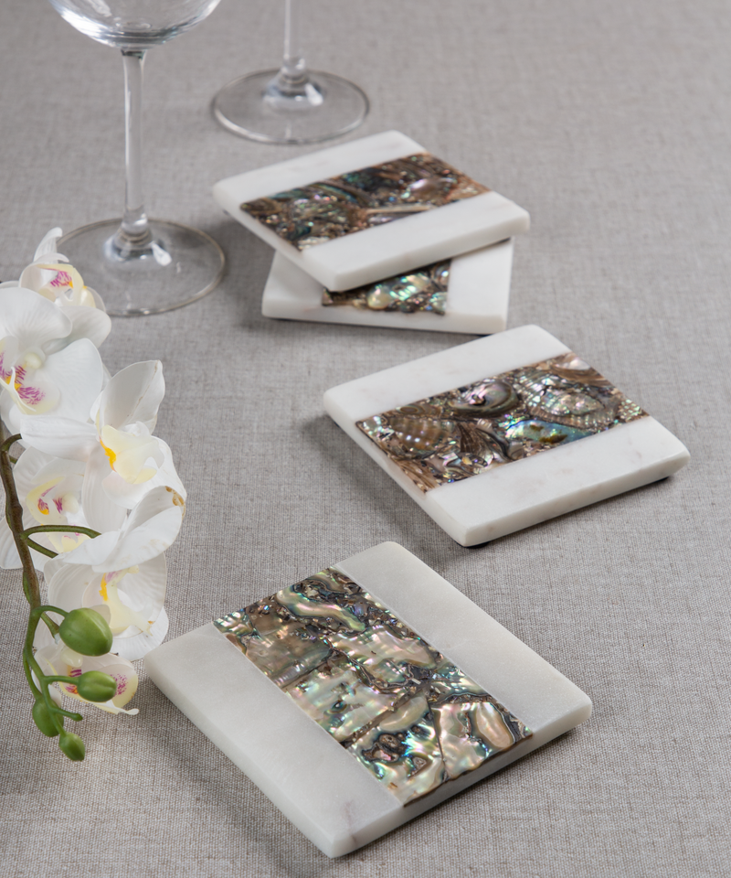White Marble Square Coasters With Rainbow Mother Of Pearl (Set Of 4)