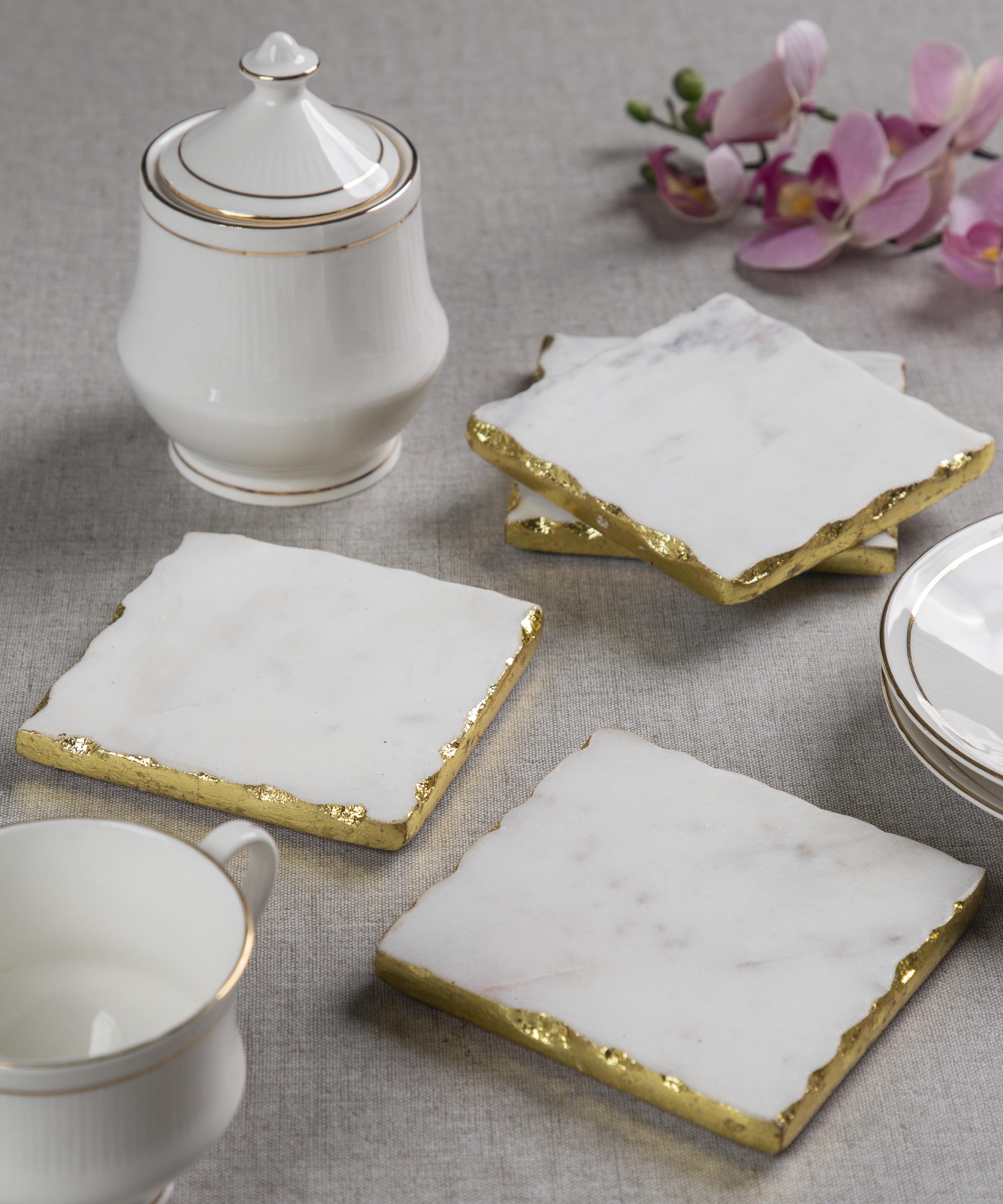 White Square Marble Coasters with Gold Foiling - Set Of 4