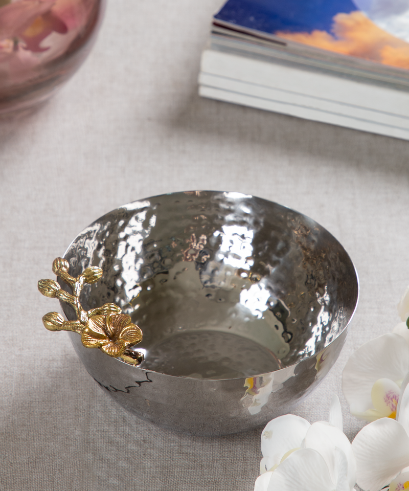 Silver Hammered Snack Bowl With Gold Flower With Stem On Edge