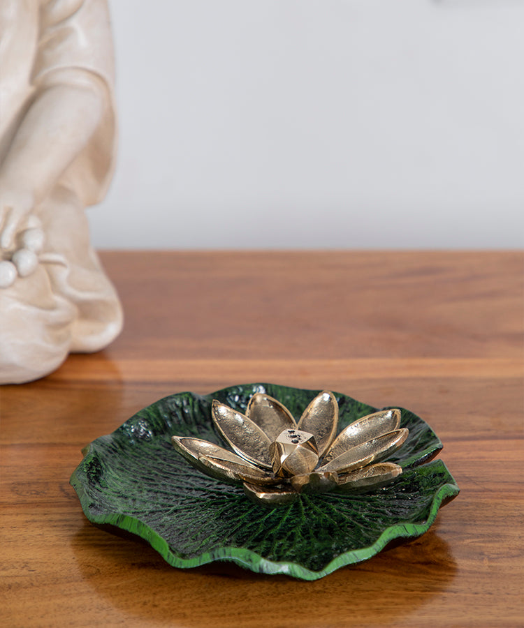 Pure Brass Lotus Insence Holder With Green & Black Leaf Finish