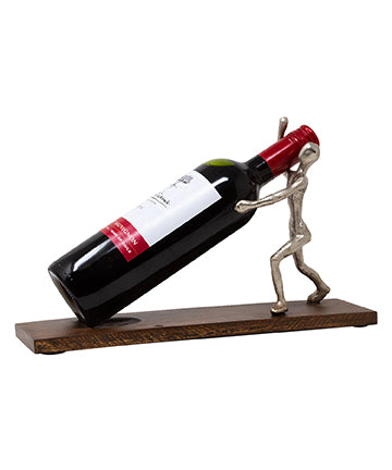 Silver Figurine Wine Holder With Wooden Base